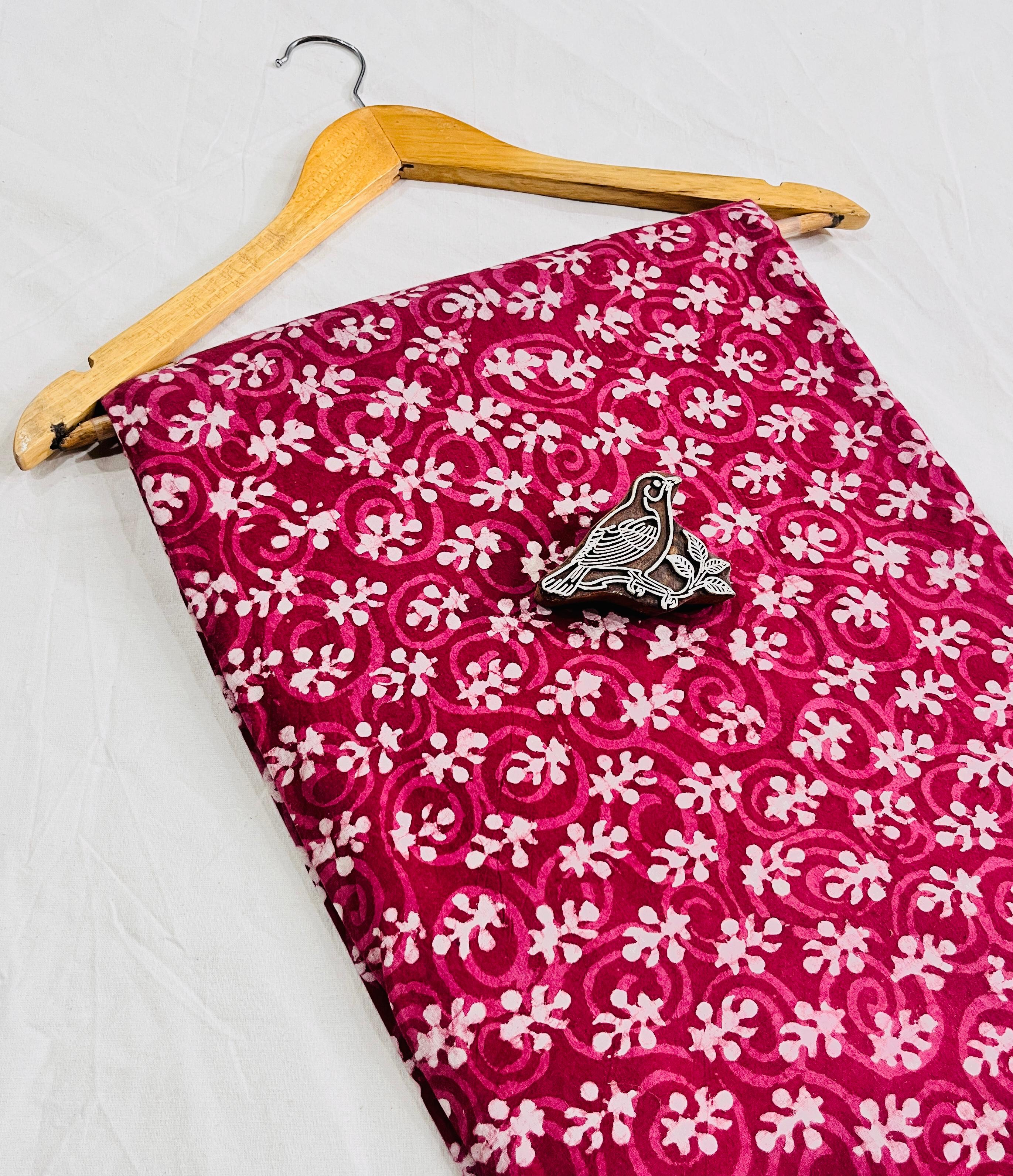 Red floral Dabu handblock printed cotton fabric, artisan-made pure cotton wholesale textile